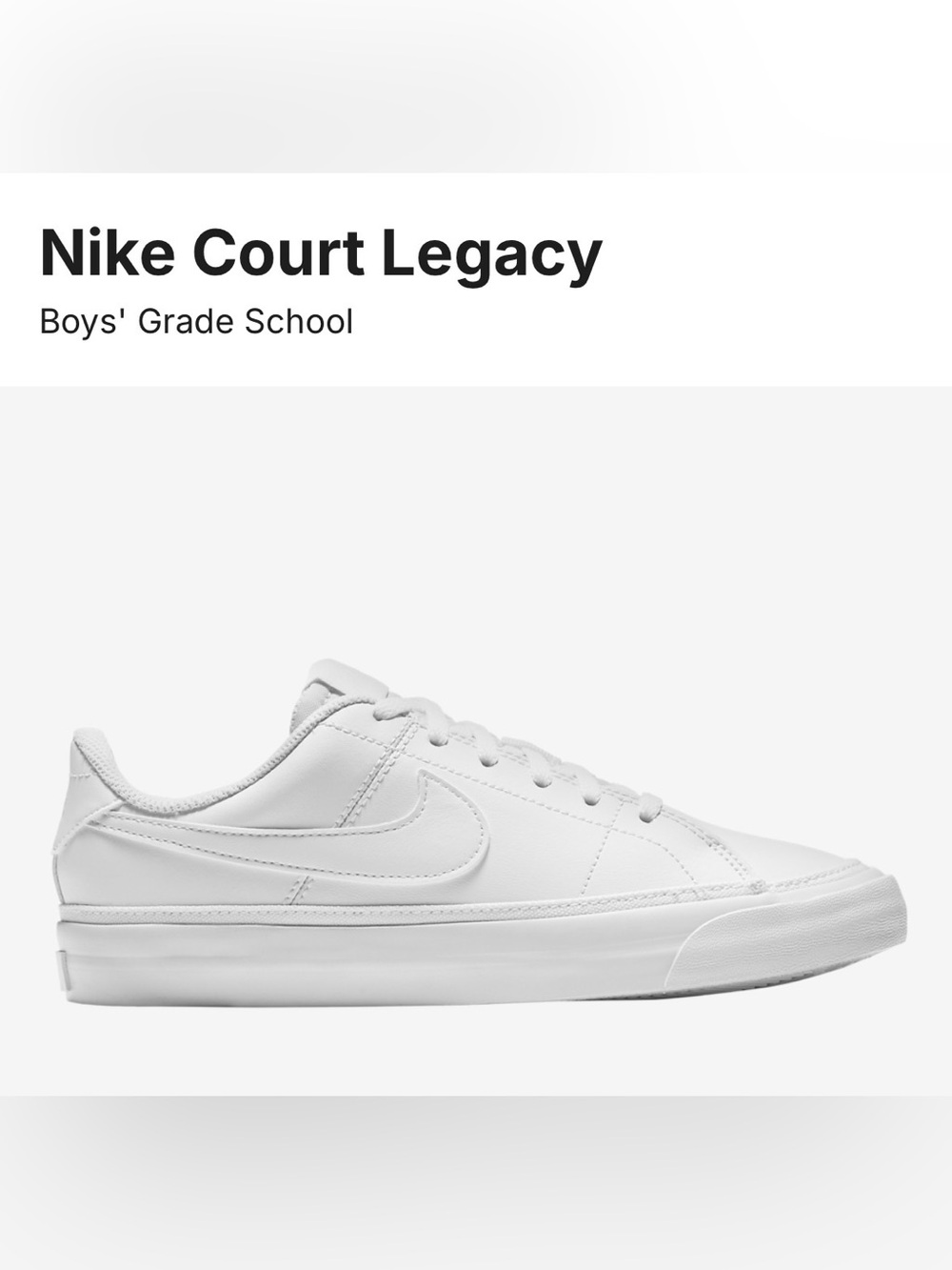 Nike Kids White Low-Top Sneakers• NEW•UNISEX • UNIFORM COURT LEGACY